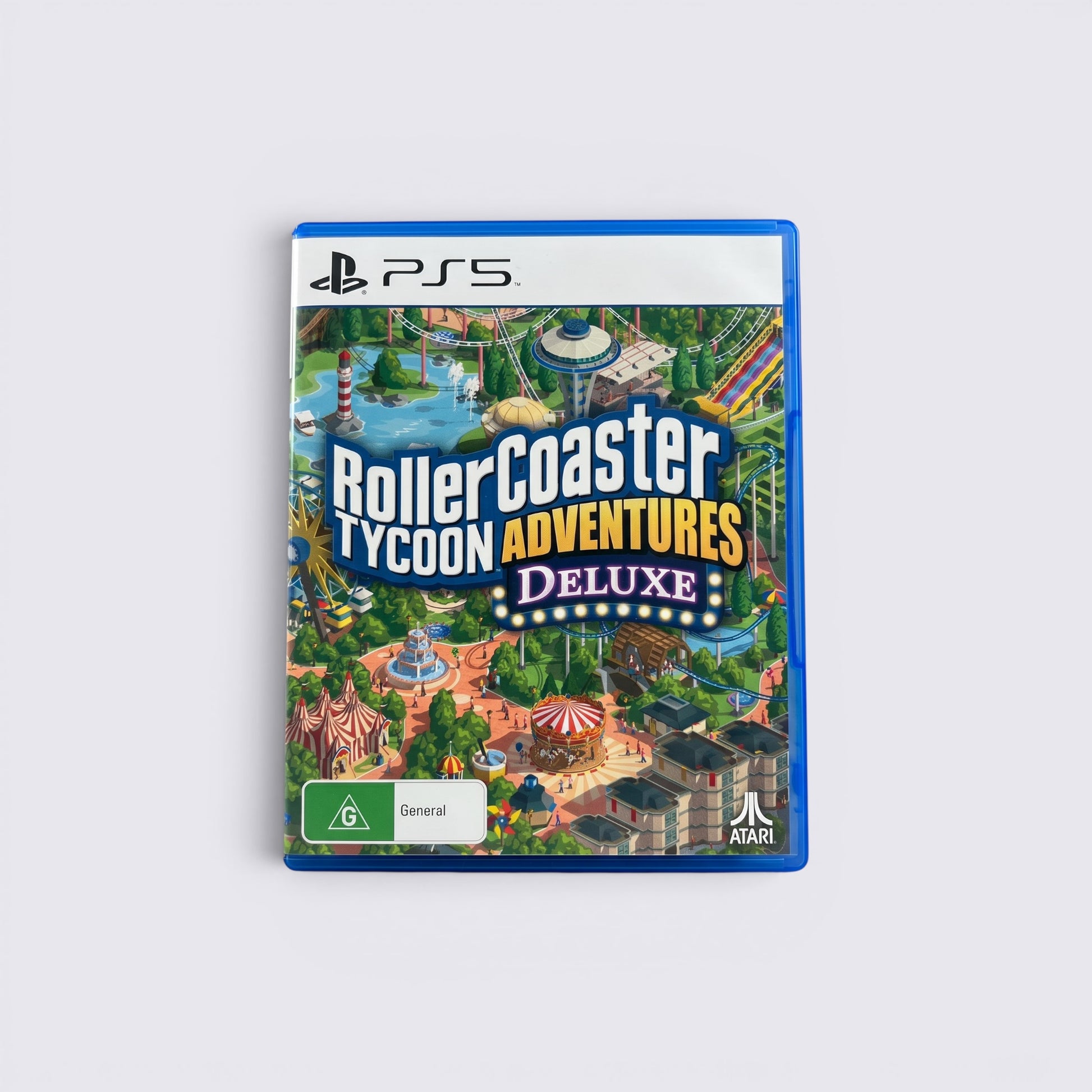 MrPixel RollerCoaster Tycoon Adventures Deluxe game case for PlayStation 5 featuring a vibrant theme park illustration