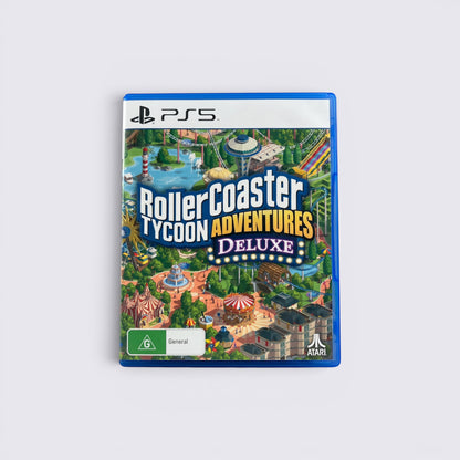 MrPixel RollerCoaster Tycoon Adventures Deluxe game case for PlayStation 5 featuring a vibrant theme park illustration