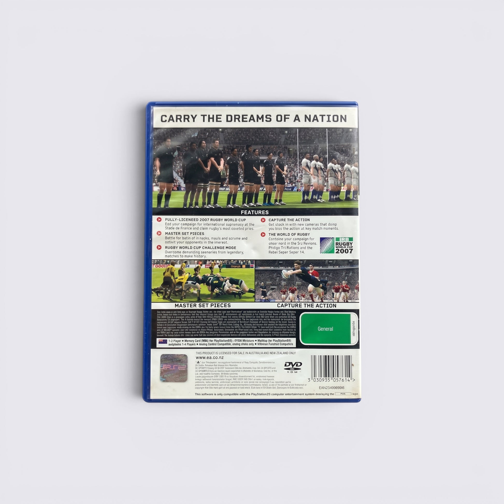 MrPixel Rugby 08 PlayStation 2 game case back cover featuring 2007 Rugby World Cup gameplay screenshots and features.