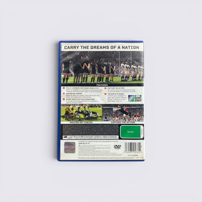 MrPixel Rugby 08 PlayStation 2 game case back cover featuring 2007 Rugby World Cup gameplay screenshots and features.