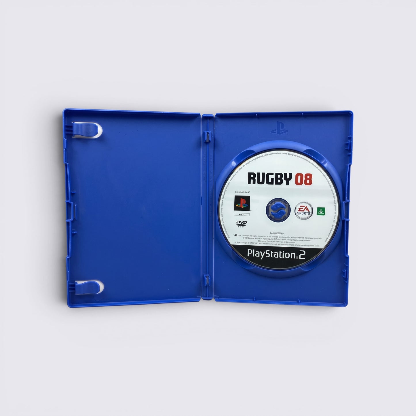 MrPixel Rugby 08 PlayStation 2 game disc inside an open blue plastic case