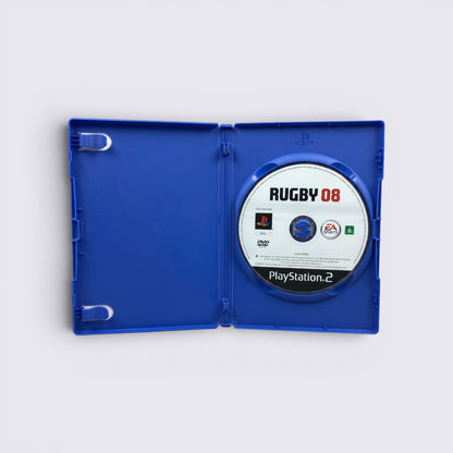 MrPixel Rugby 08 PlayStation 2 game disc inside an open blue plastic case