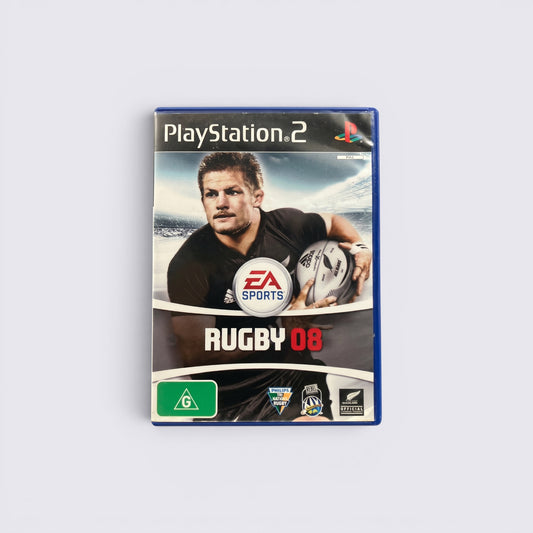MrPixel Rugby 08 PlayStation 2 game case featuring an All Blacks player holding a rugby ball on the cover.