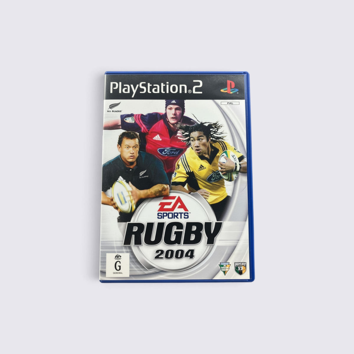 MrPixel Rugby 2004 PlayStation 2 game case featuring All Blacks players on the cover
