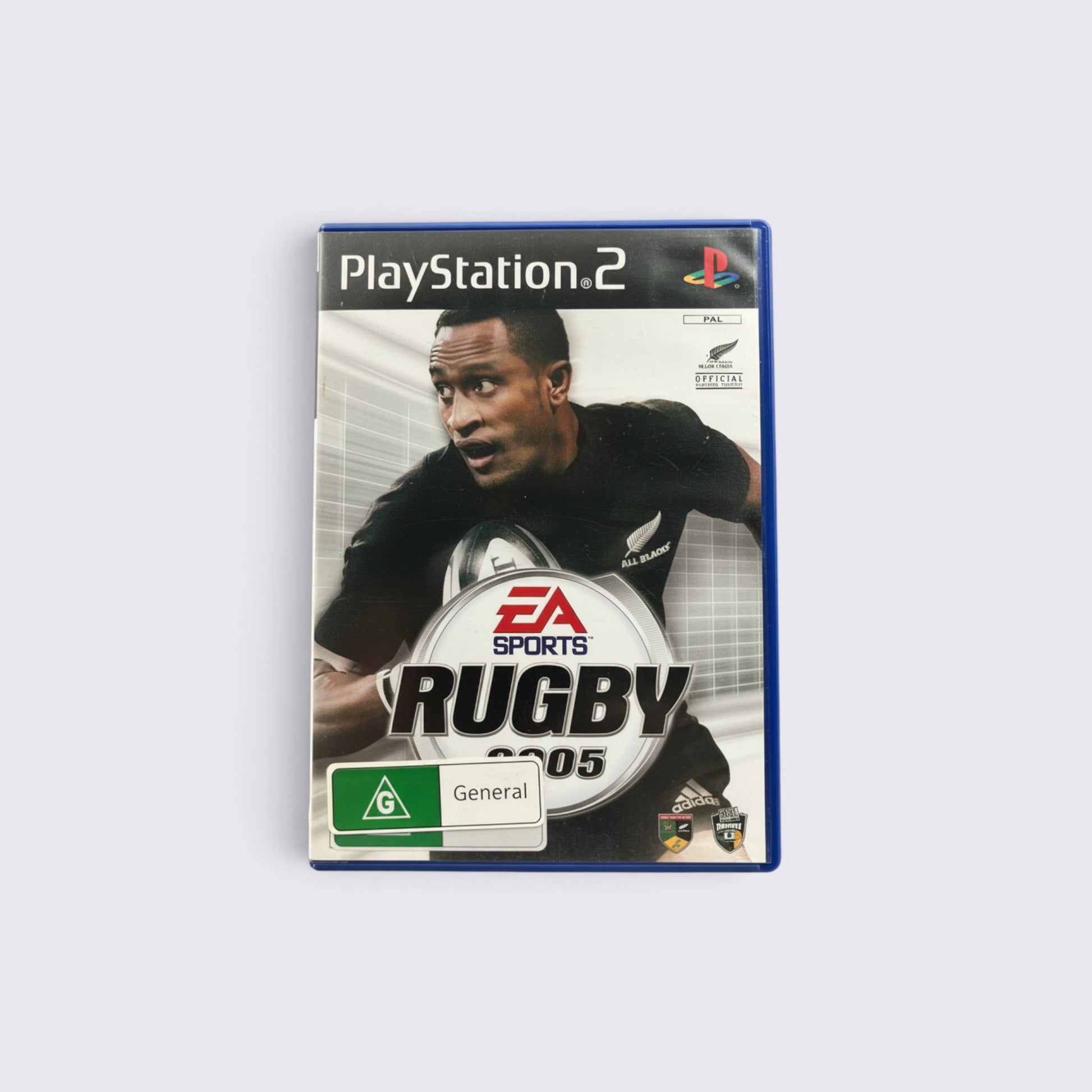 MrPixel Rugby 2005 PlayStation 2 game case featuring an All Blacks rugby player on the cover.