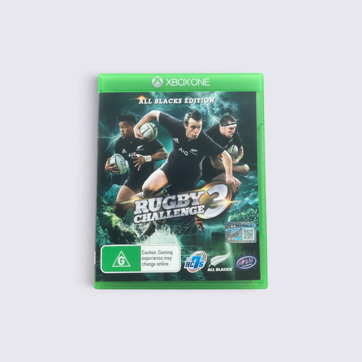 MrPixel Rugby Challenge 3 All Blacks Edition game for Xbox One featuring rugby players in action on the cover.