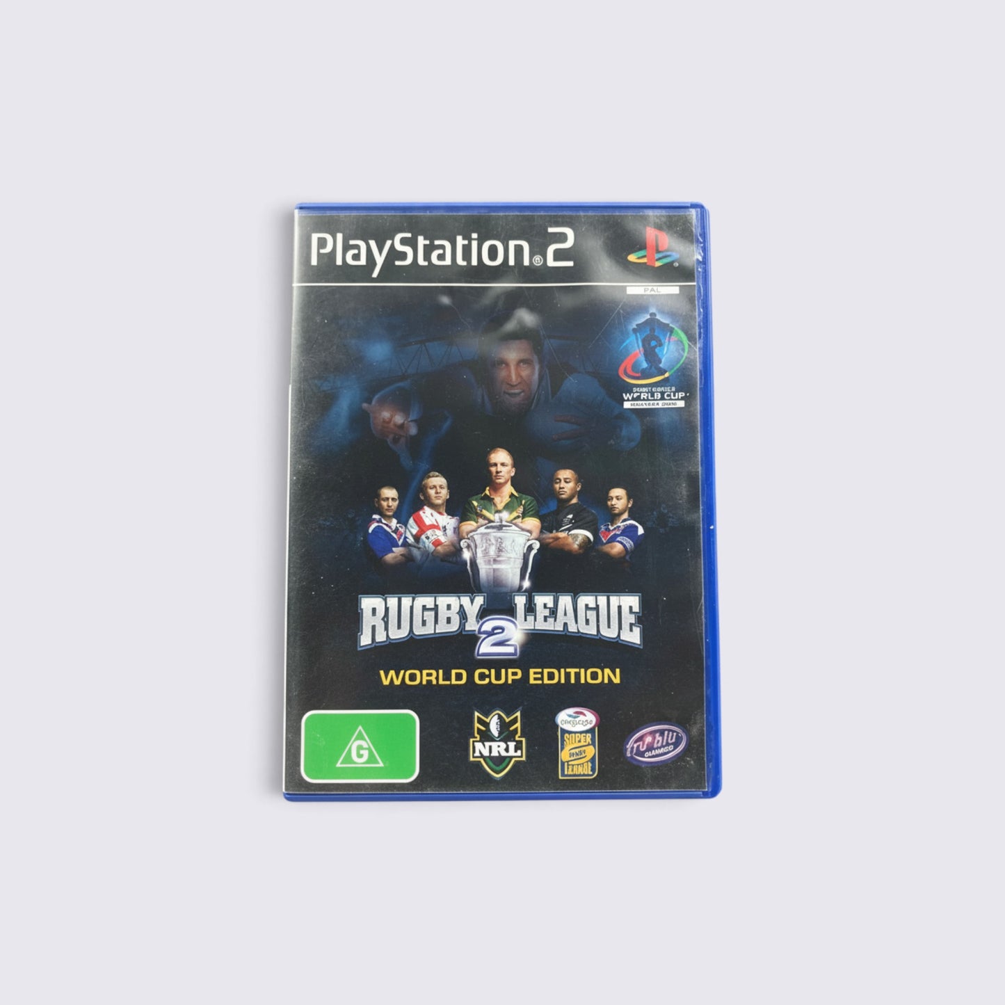 MrPixel Rugby League 2 World Cup Edition game case for PlayStation 2 featuring team players and tournament branding
