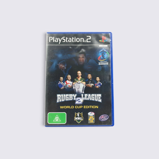 MrPixel Rugby League 2 World Cup Edition game case for PlayStation 2 featuring team players and tournament branding