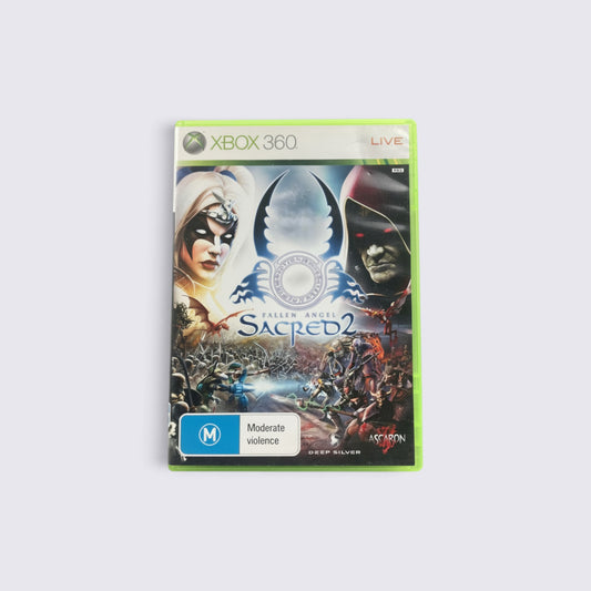 MrPixel Sacred 2: Fallen Angel Xbox 360 game case featuring fantasy character art and M rating label