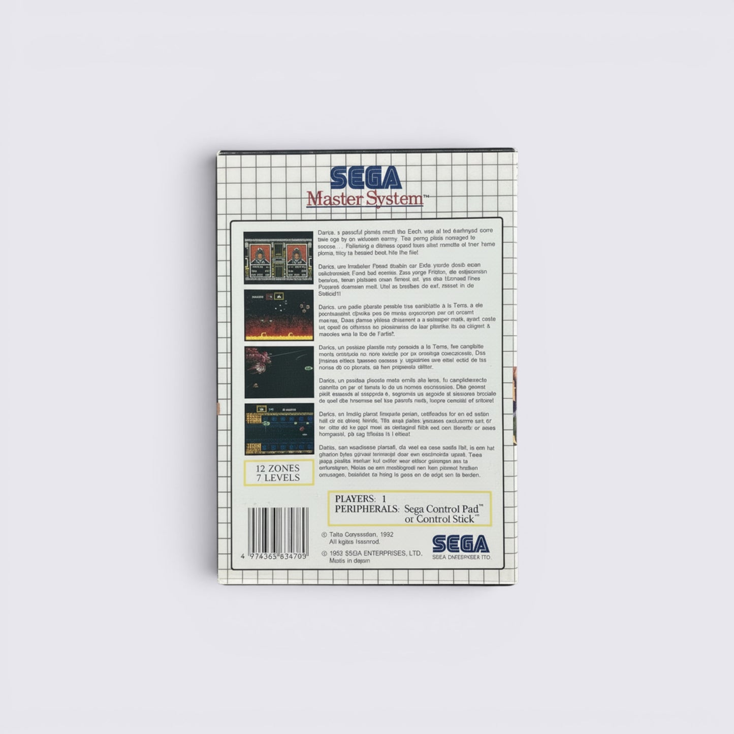 Back cover of MrPixel Sagaia Sega Master System game box featuring gameplay screenshots and product information