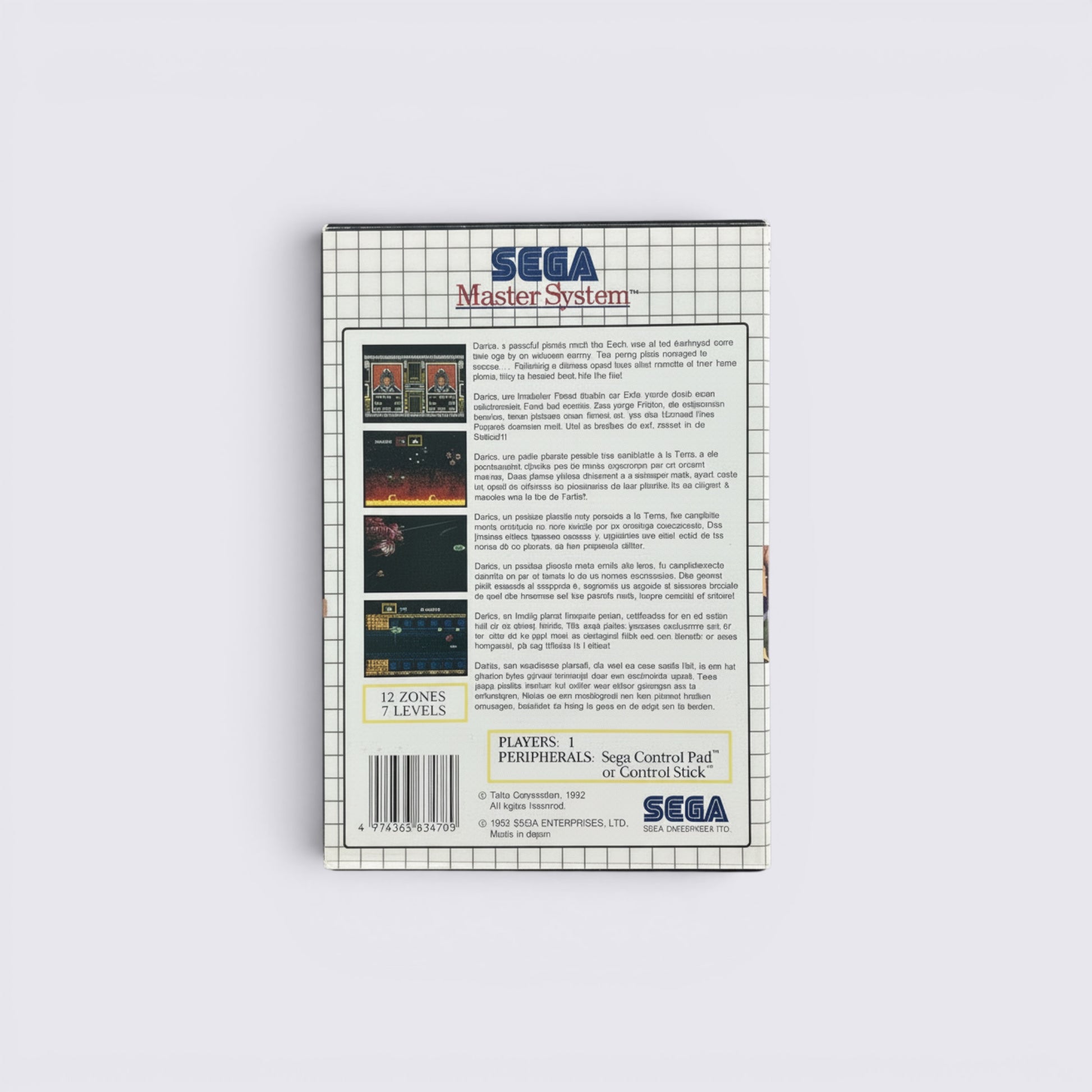 Back cover of MrPixel Sagaia Sega Master System game box featuring gameplay screenshots and product information