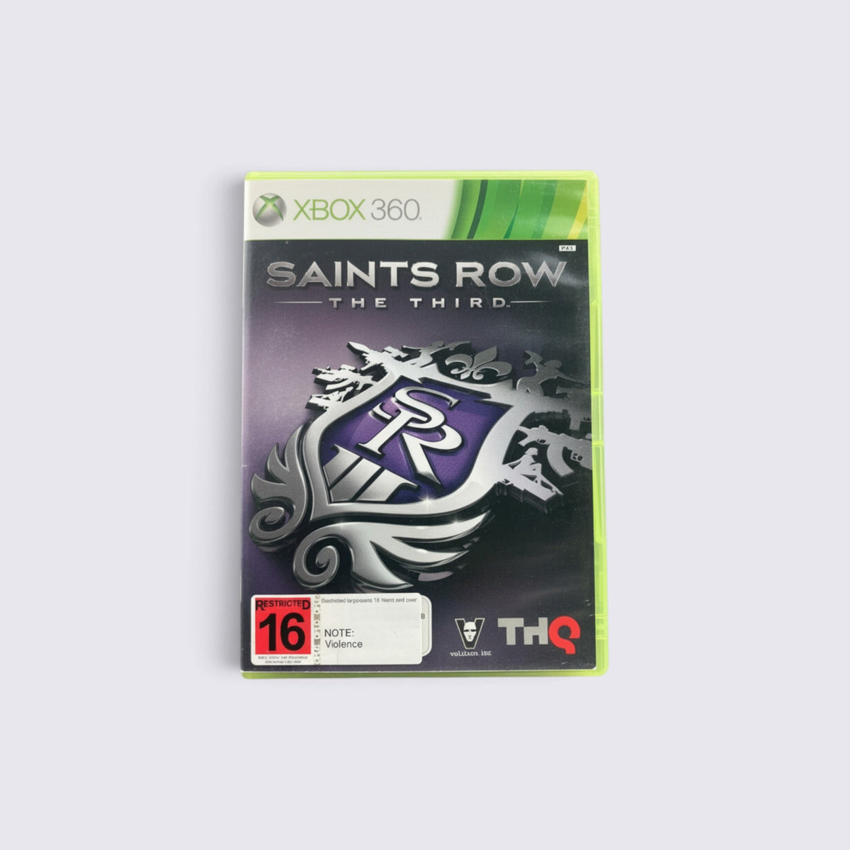 MrPixel Saints Row: The Third Xbox 360 game case featuring the purple crest logo on a dark background