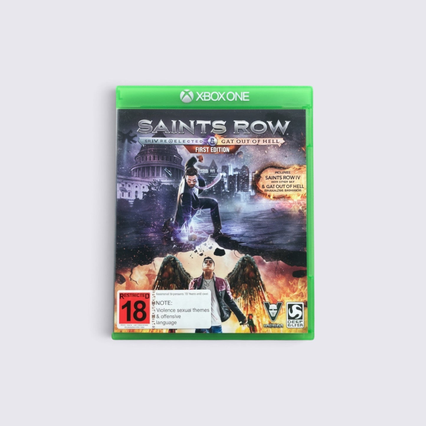 MrPixel Saints Row IV and Gat Out of Hell Xbox One game case featuring action-packed cover art with demonic themes.