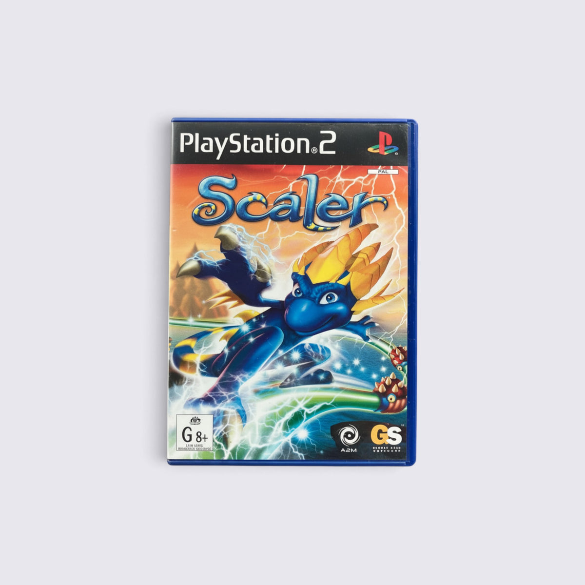 MrPixel Scaler PlayStation 2 game case featuring the blue lizard protagonist in a dynamic action pose
