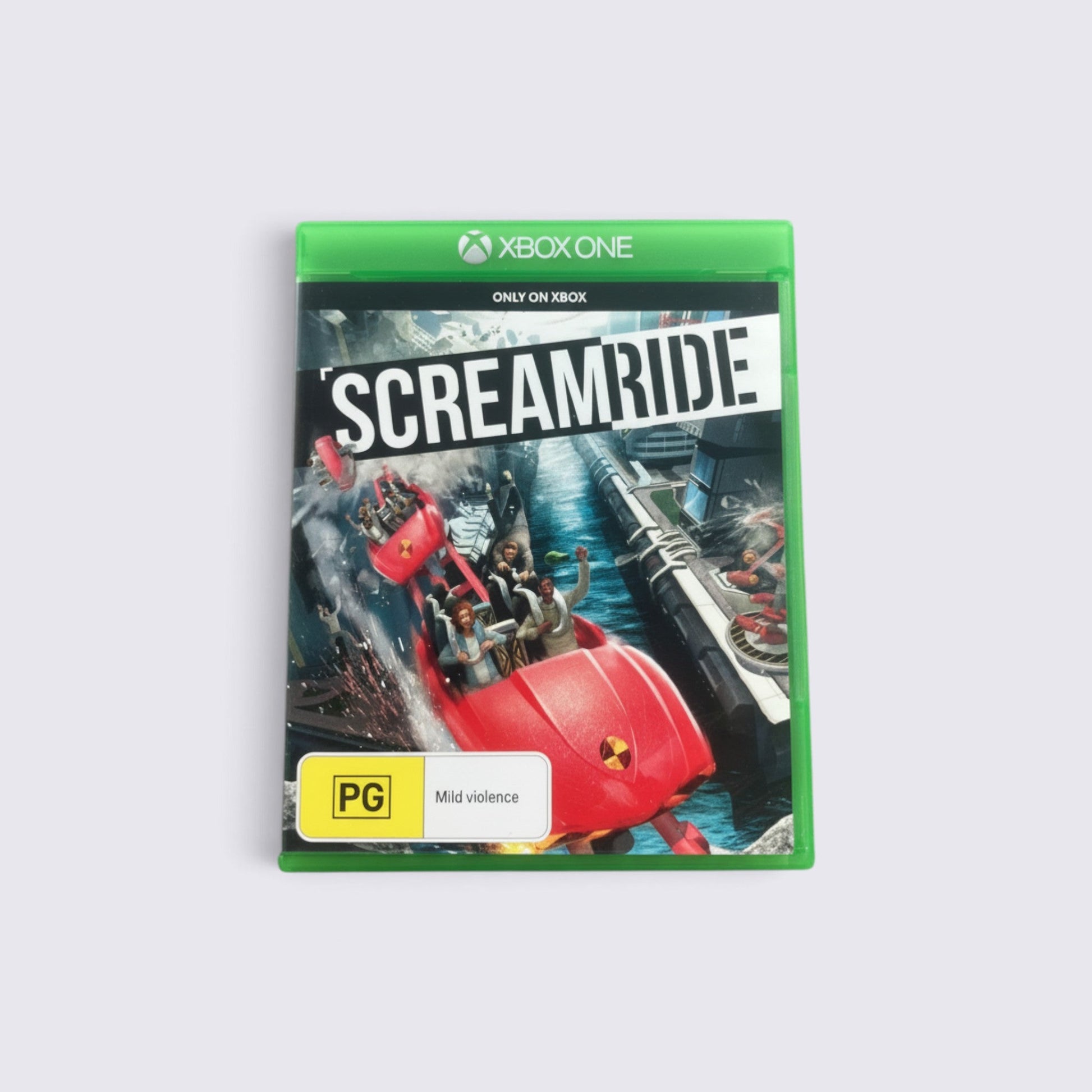 MrPixel ScreamRide video game for Xbox One featuring a red coaster car on a track with a PG rating label