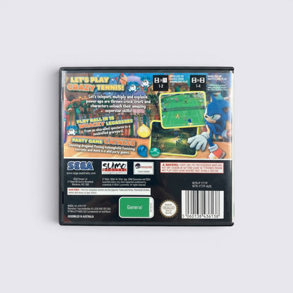 MrPixel Sega Superstars Tennis Nintendo DS game case back cover featuring Sonic the Hedgehog and gameplay screenshots