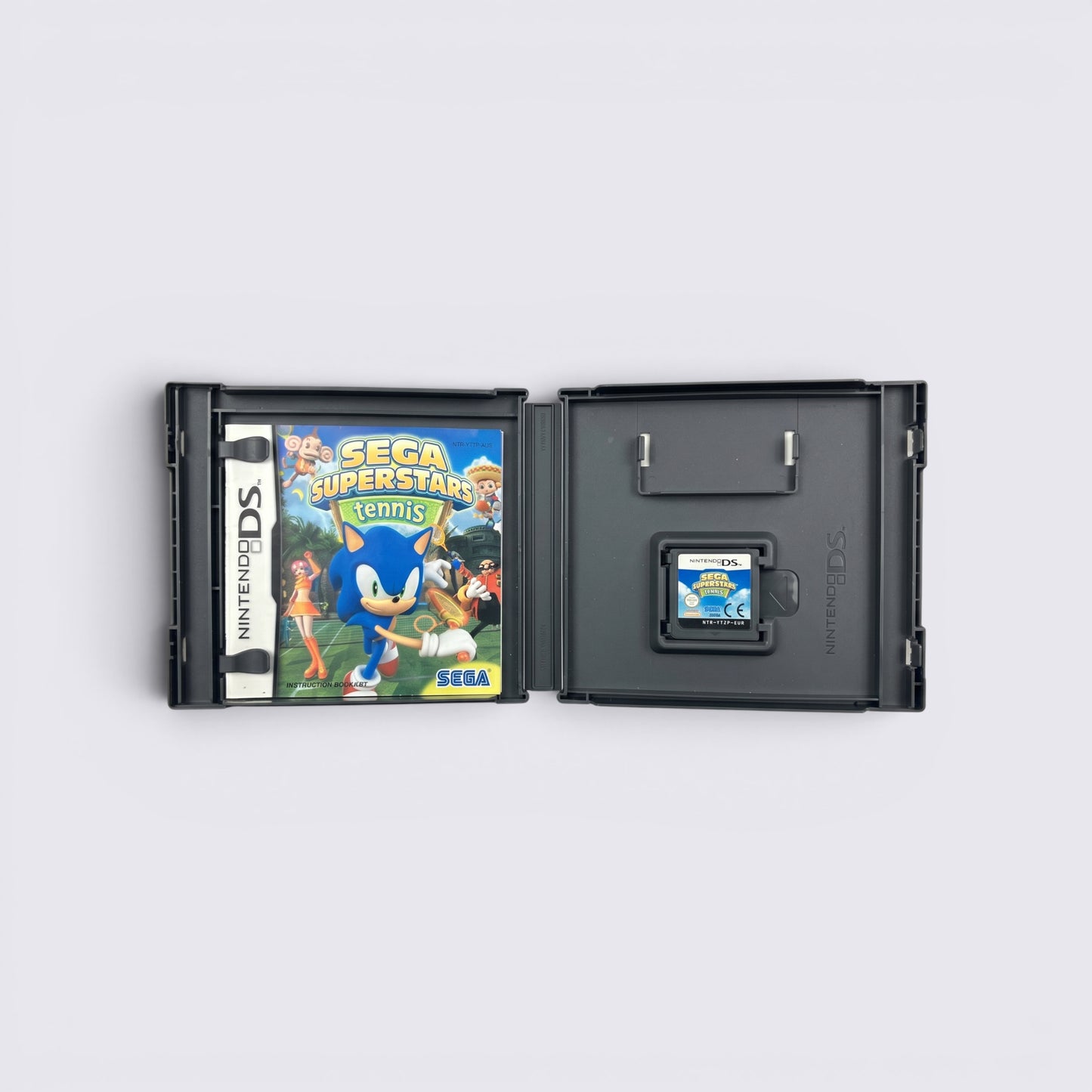 MrPixel Sega Superstars Tennis Nintendo DS game case open with game cartridge and cover art featuring Sonic
