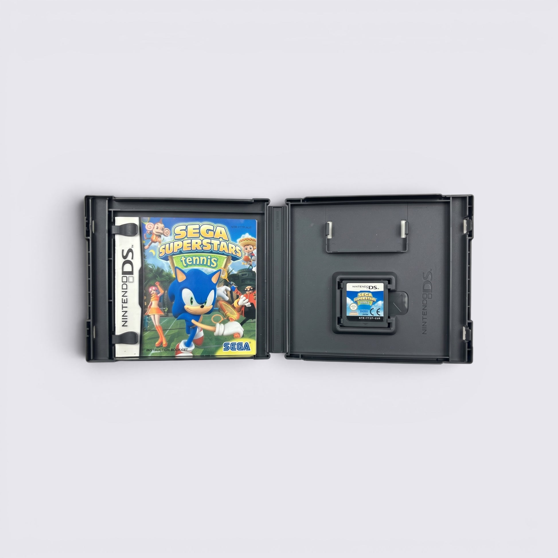 MrPixel Sega Superstars Tennis Nintendo DS game case open with game cartridge and cover art featuring Sonic