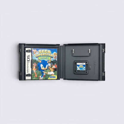 MrPixel Sega Superstars Tennis Nintendo DS game case open with game cartridge and cover art featuring Sonic