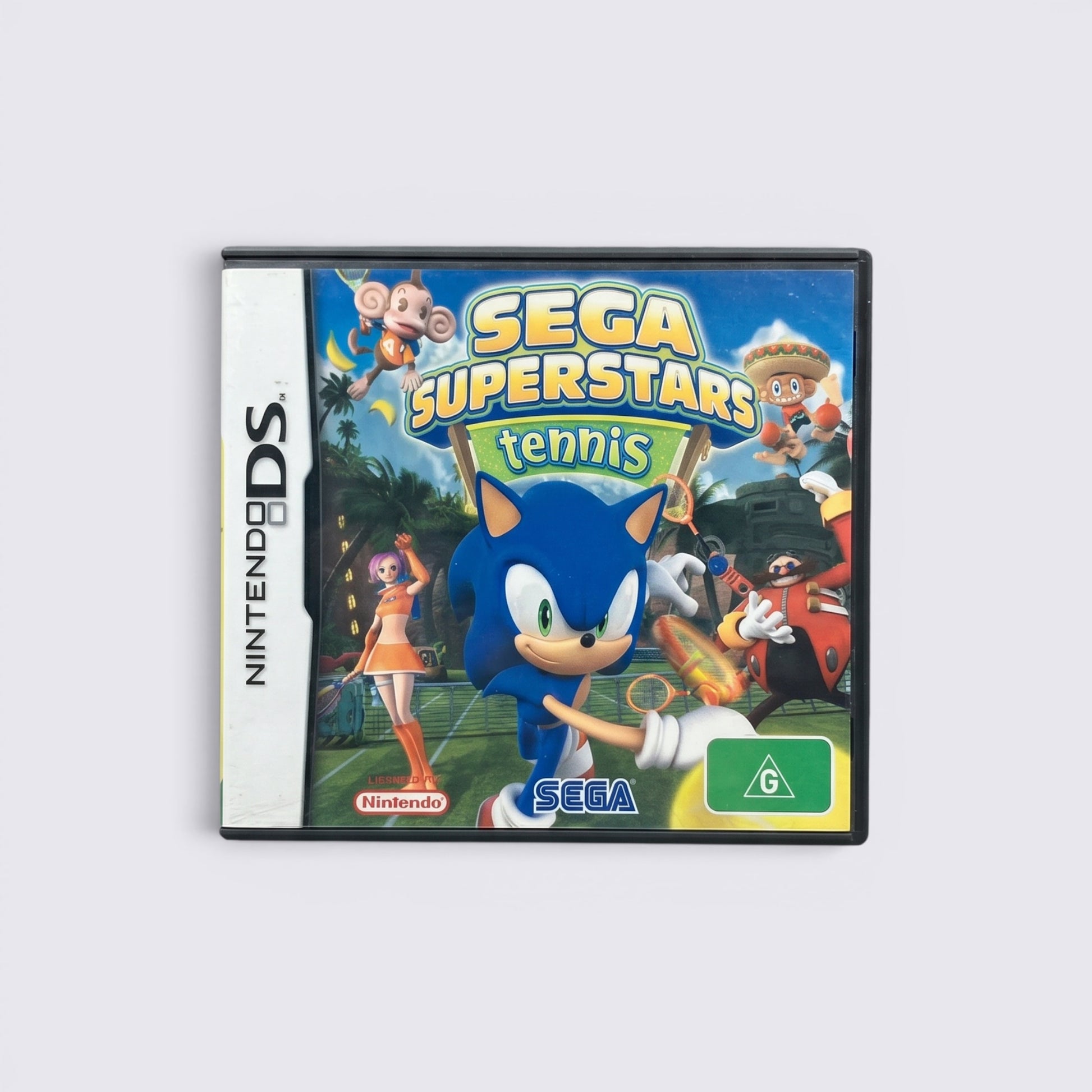 MrPixel Sega Superstars Tennis Nintendo DS game case featuring Sonic the Hedgehog and other iconic Sega characters.