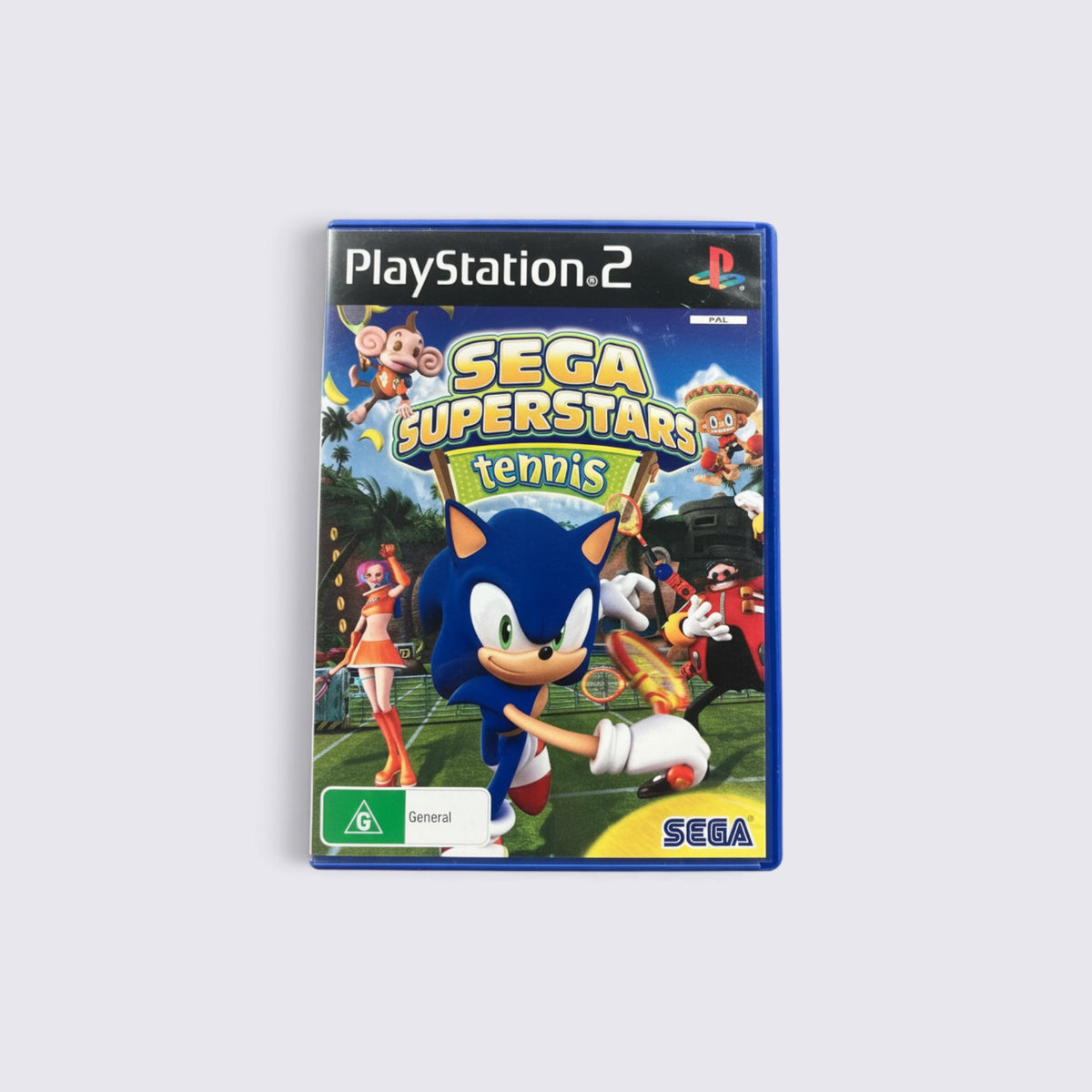 MrPixel SEGA Superstars Tennis game case for PlayStation 2 featuring Sonic the Hedgehog and other classic characters.