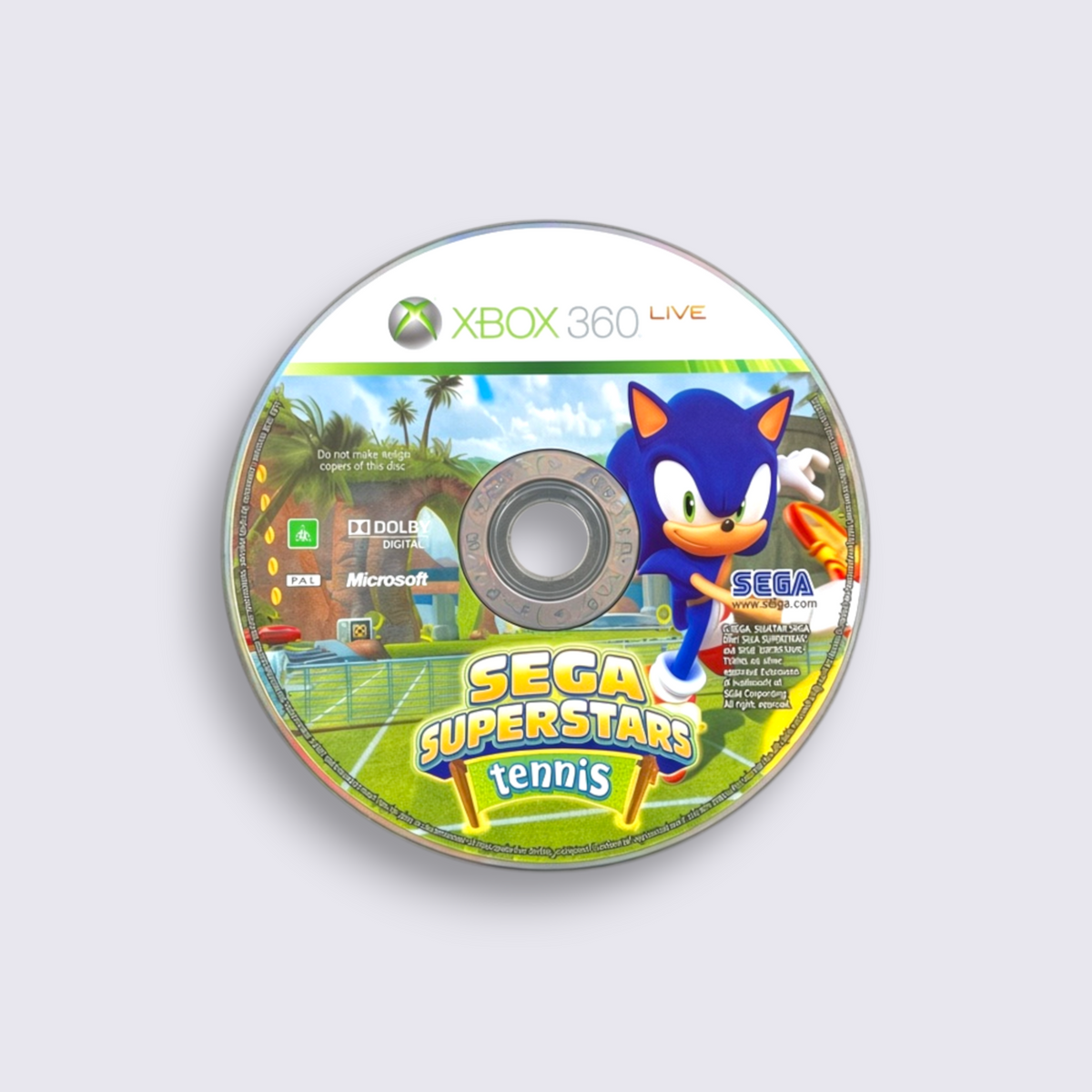MrPixel SEGA Superstars Tennis Xbox 360 game disc featuring Sonic the Hedgehog on a tropical tennis court