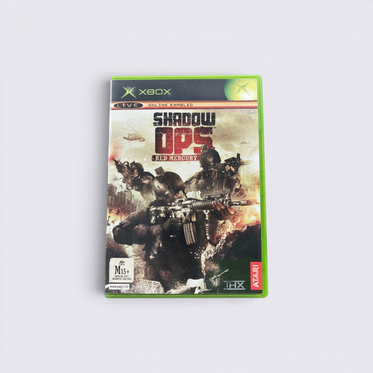 MrPixel Shadow Ops: Red Mercury Xbox video game case featuring military special forces soldiers in combat.