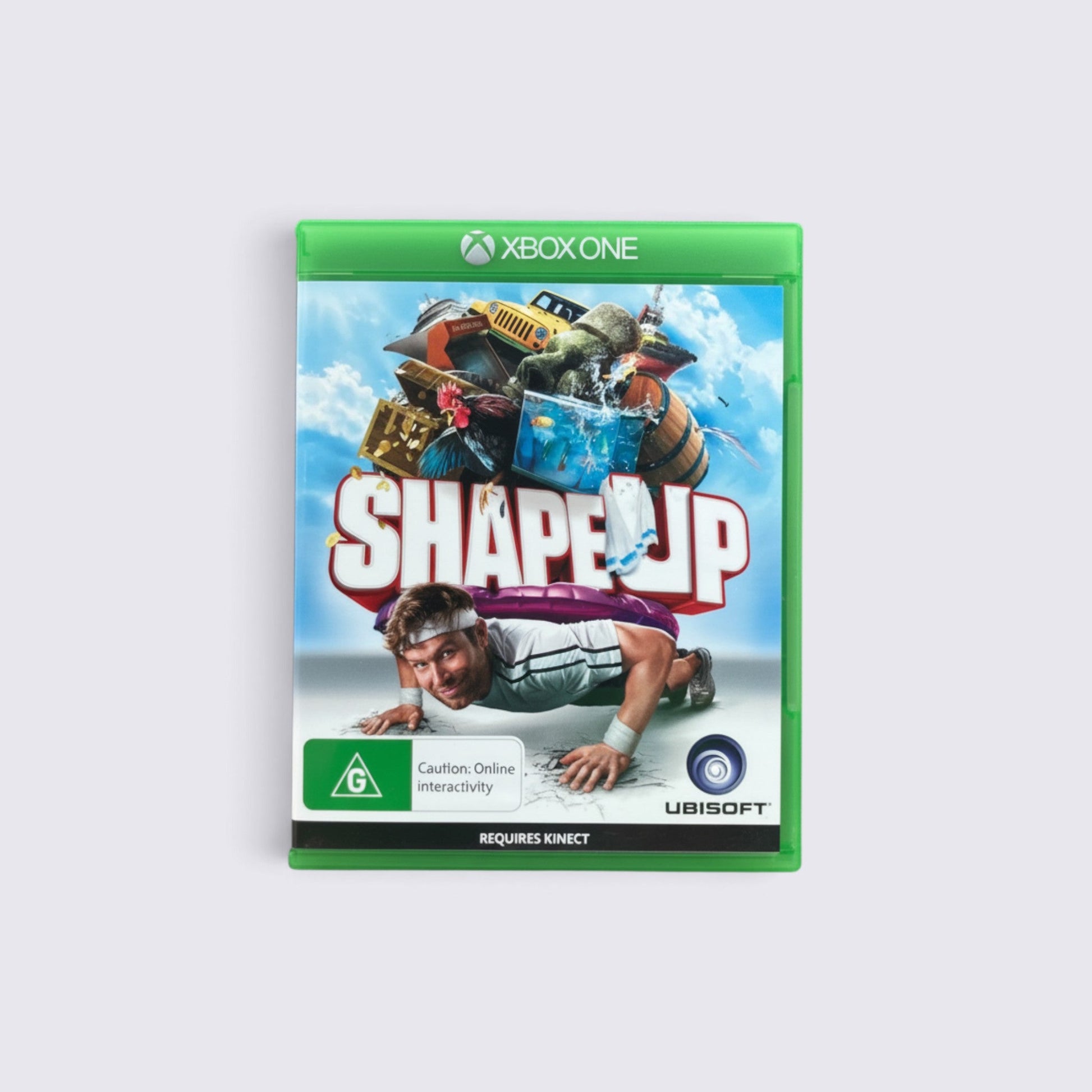 MrPixel Shape Up fitness game for Xbox One featuring a man doing push-ups with whimsical items on his back