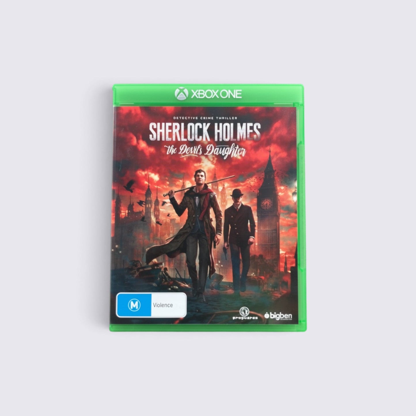 MrPixel Sherlock Holmes: The Devil's Daughter Xbox One game case featuring Sherlock and Watson against a London sky