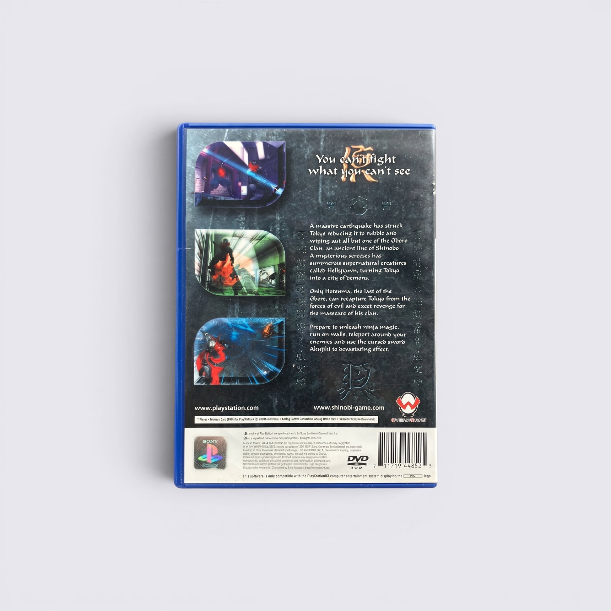 MrPixel Shinobi PlayStation 2 game back cover featuring game screenshots, plot summary, and technical specifications.