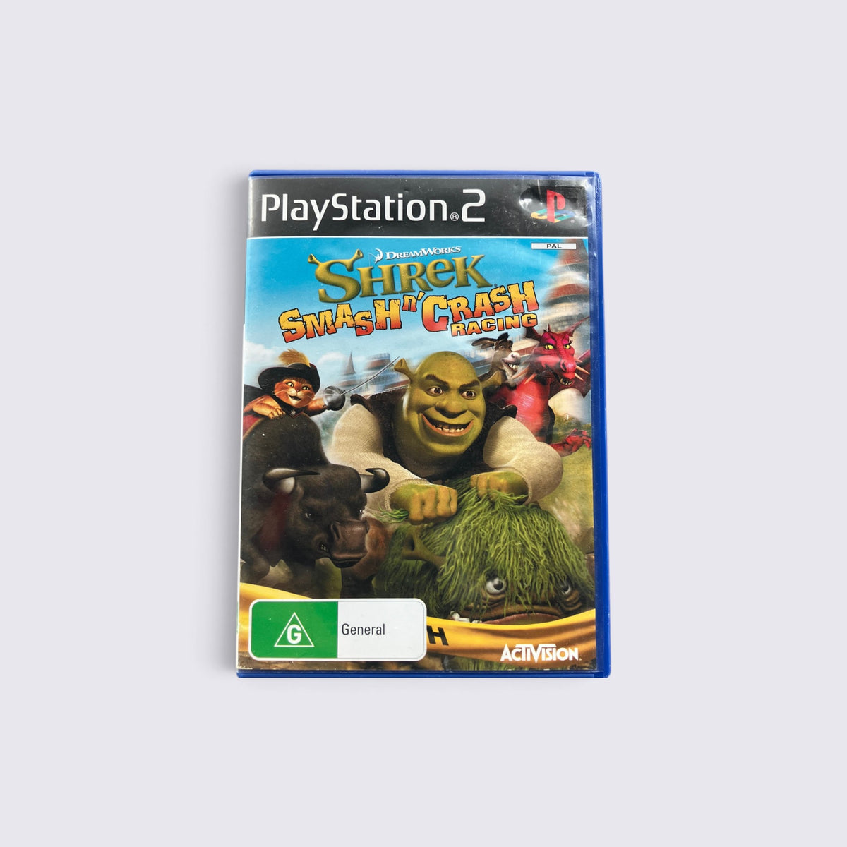 MrPixel Shrek Smash n' Crash Racing PlayStation 2 game case featuring Shrek and Puss in Boots on a blue background