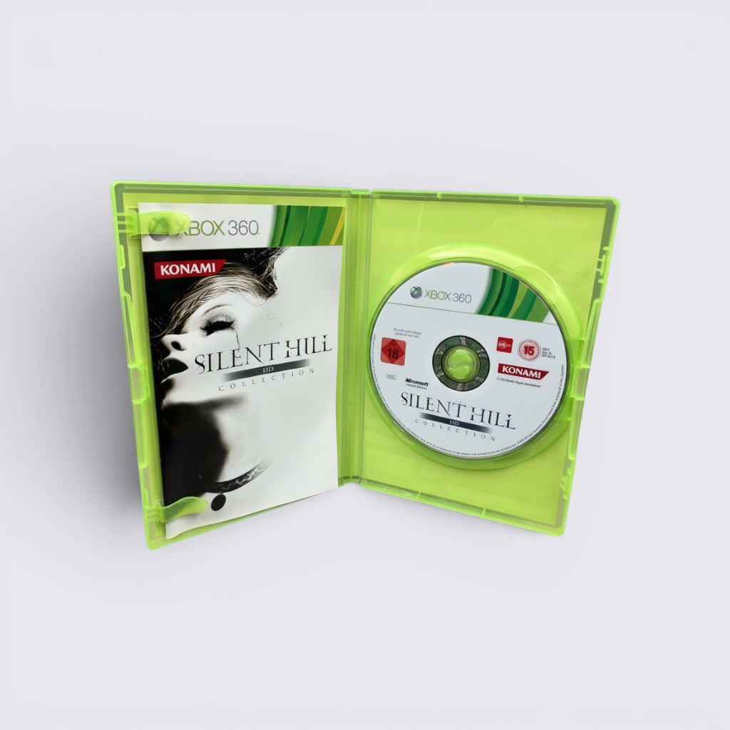 MrPixel Silent Hill HD Collection for Xbox 360 featuring the game disc and manual in a green plastic case.