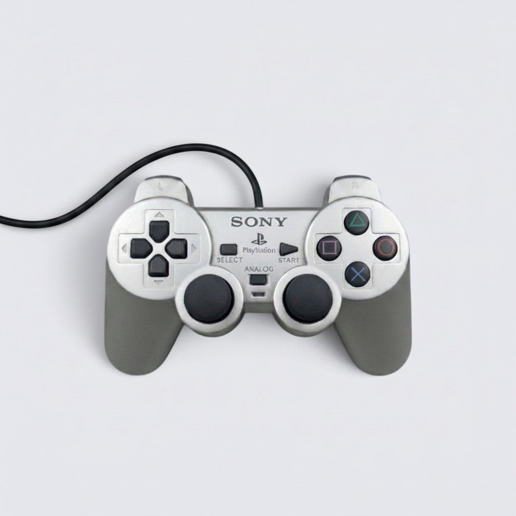 MrPixel silver Sony PlayStation 2 DualShock 2 controller with dual analogue sticks and wired connection
