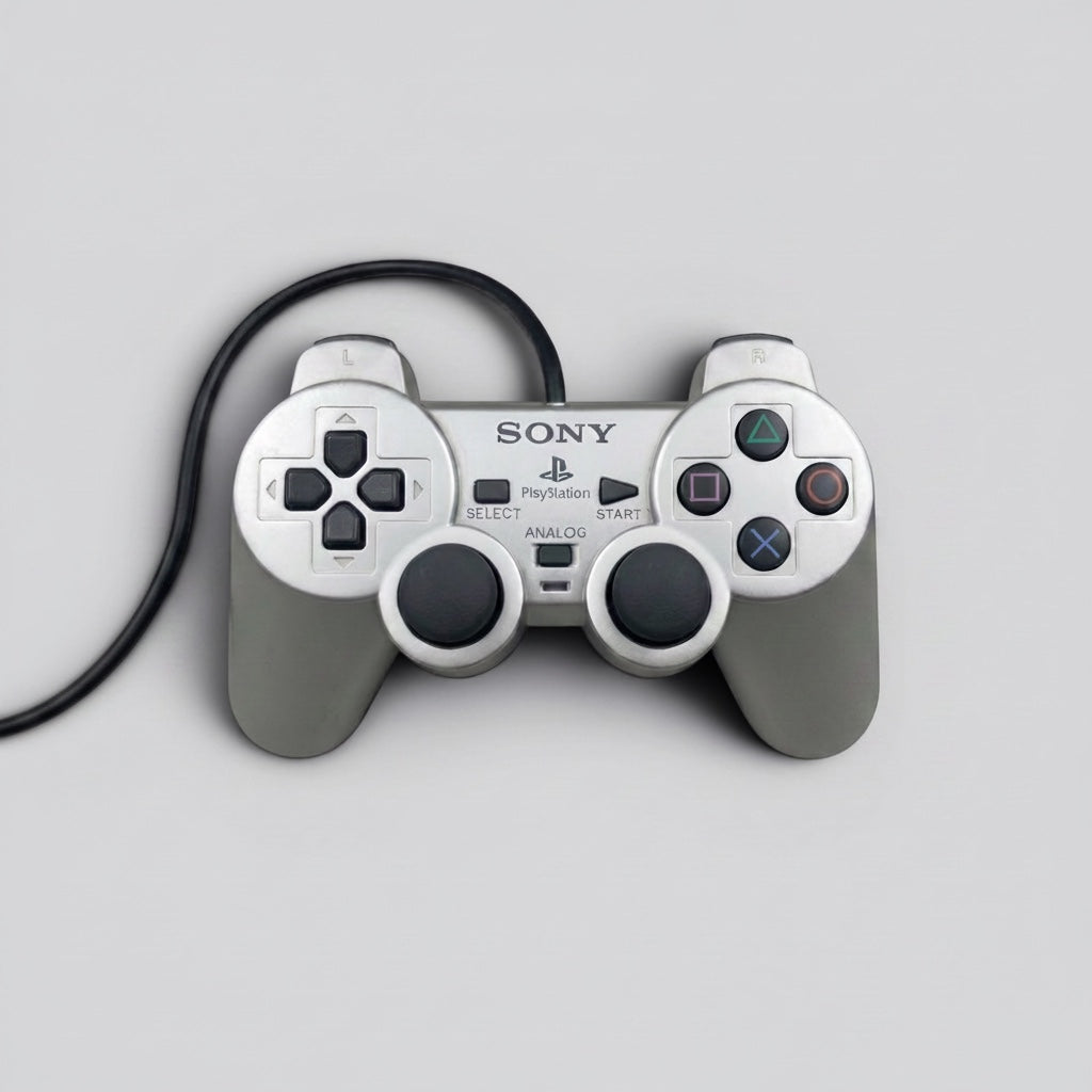 MrPixel silver Sony PlayStation 2 DualShock 2 wired controller with dual analogue sticks and iconic button layout.