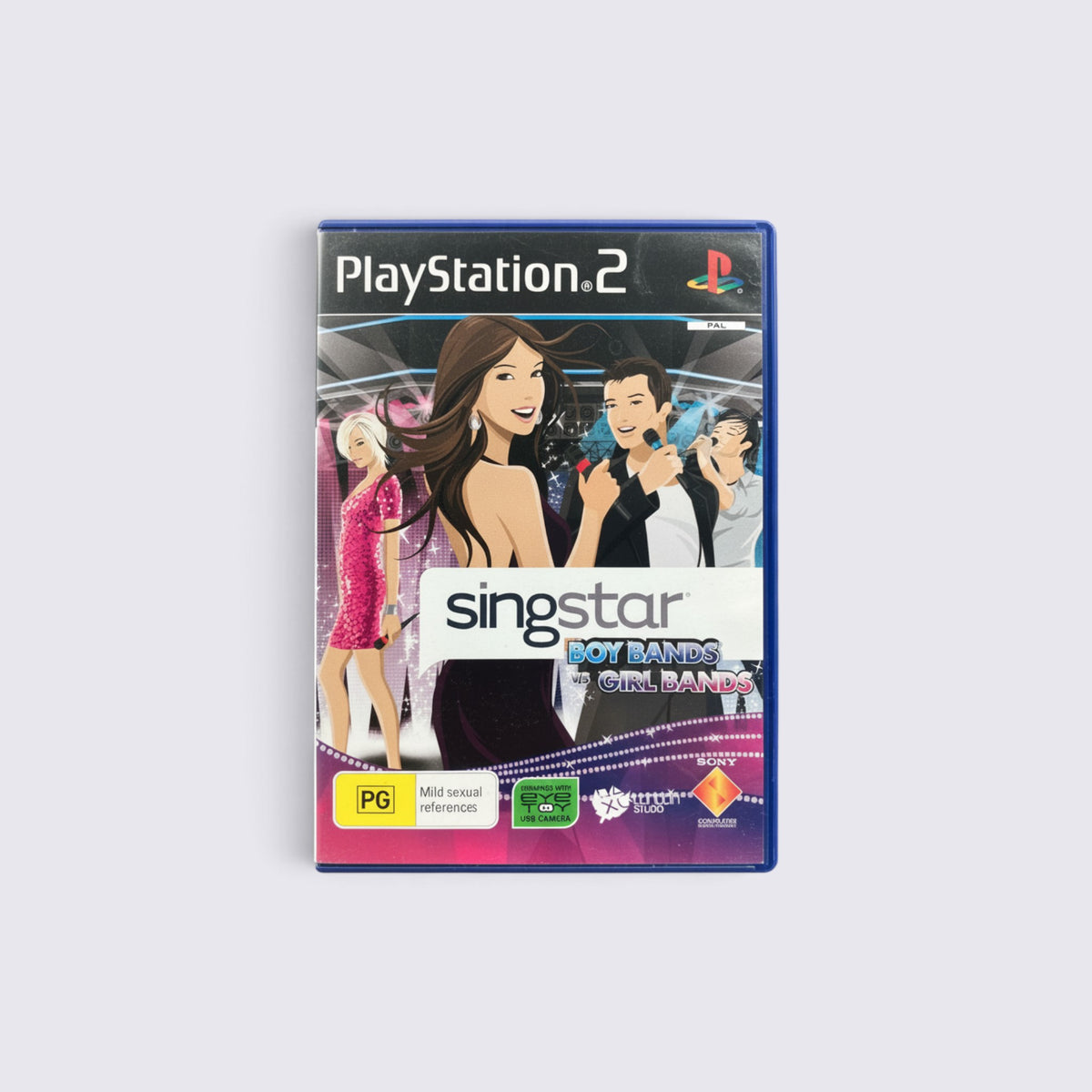 MrPixel SingStar: Boybands vs Girlbands karaoke game for PlayStation 2 featuring illustrated pop singers on cover