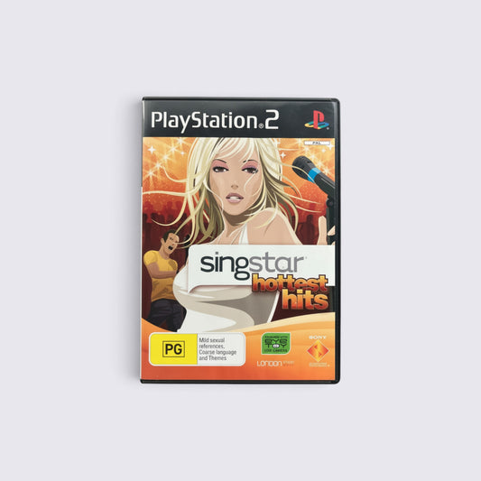 MrPixel SingStar: Hottest Hits karaoke game for PlayStation 2 featuring illustrated singer and microphone cover art