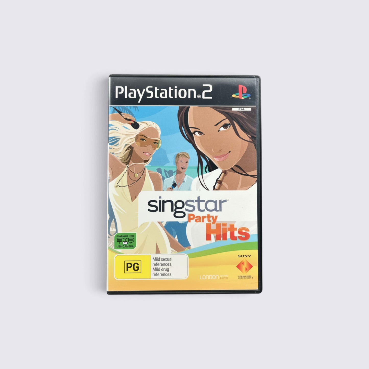 MrPixel SingStar: Party Hits PlayStation 2 game case featuring illustrated characters on a beach background