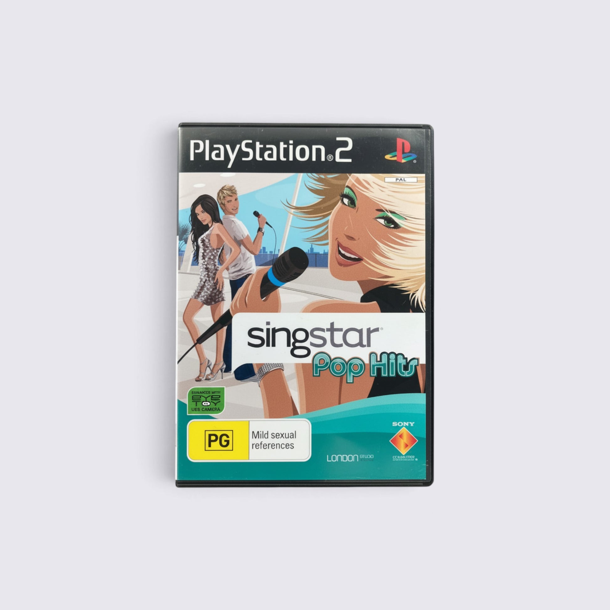MrPixel SingStar: Pop Hits PlayStation 2 game case featuring illustrated singers and karaoke microphone graphic