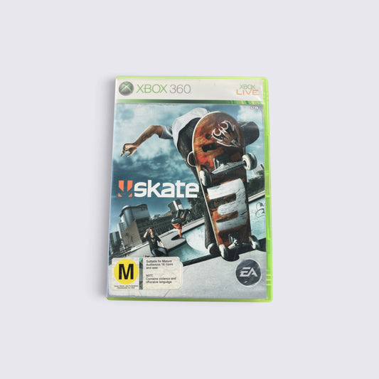 MrPixel Skate 3 video game for Xbox 360 featuring a skateboarder performing a trick on the cover art.