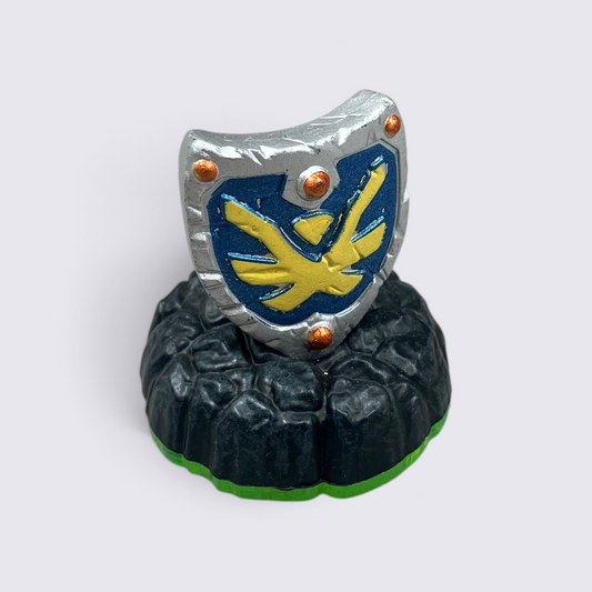 MrPixel Sky-Iron Shield collectible accessory with a blue and silver metallic finish and yellow emblem on a base