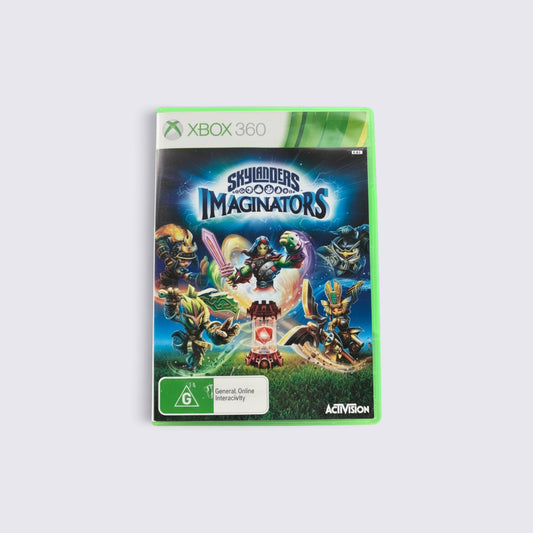 MrPixel Skylanders Imaginators video game case for Xbox 360 featuring character artwork and G rating label.