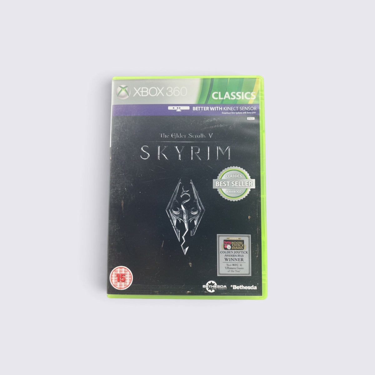 MrPixel The Elder Scrolls V: Skyrim Classics edition for Xbox 360 featuring the iconic dragon logo on black cover