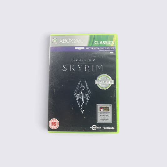 MrPixel The Elder Scrolls V: Skyrim Classics edition for Xbox 360 featuring the iconic dragon logo on black cover