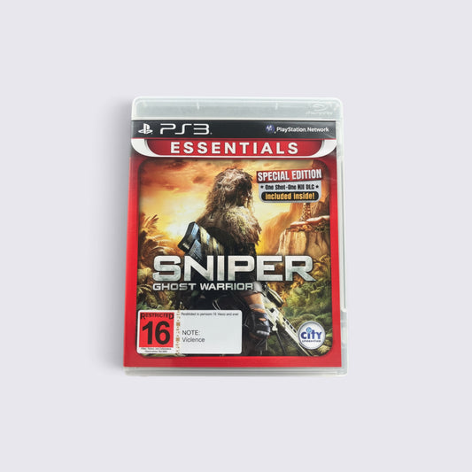 MrPixel Sniper: Ghost Warrior Essentials game case for PlayStation 3 featuring a sniper in a ghillie suit.