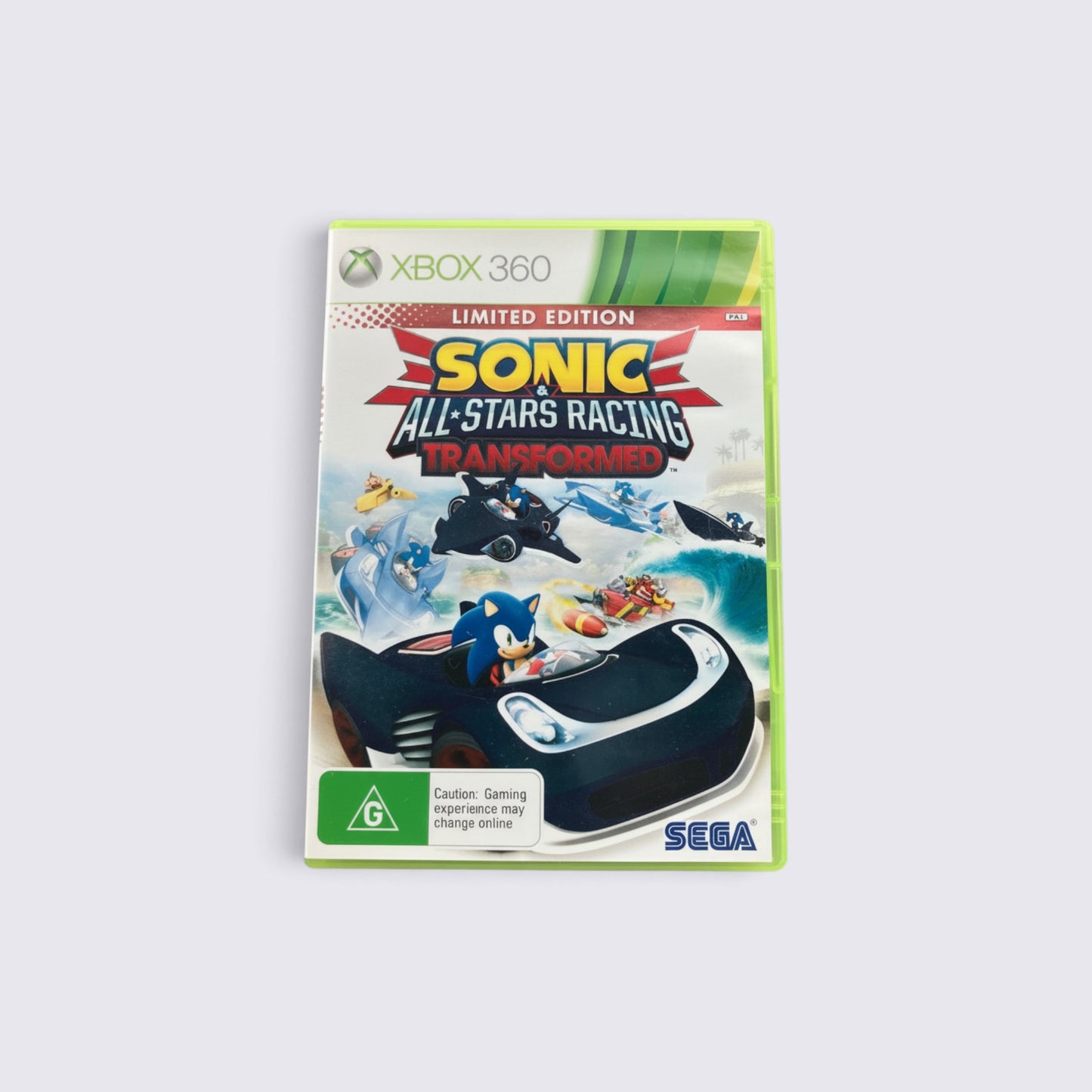 MrPixel Sonic & All-Stars Racing Transformed Limited Edition game for Xbox 360 featuring Sonic in a racing car