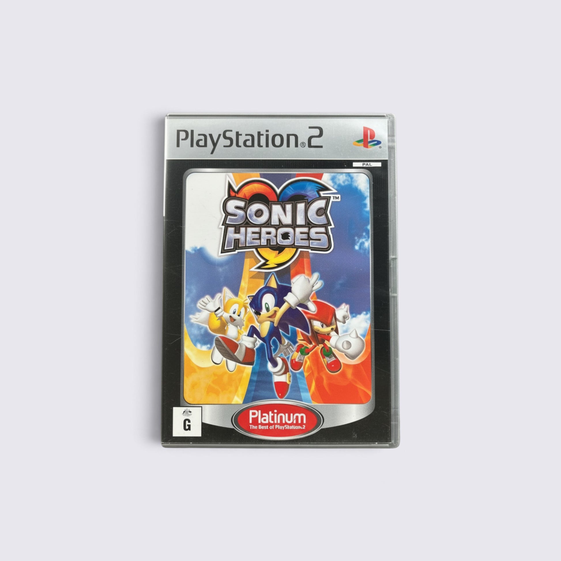 MrPixel Sonic Heroes Platinum edition video game for PlayStation 2 featuring Sonic, Tails, and Knuckles on cover.