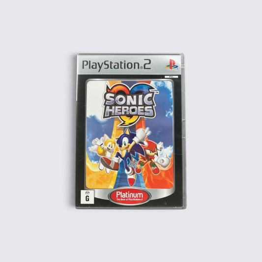 MrPixel Sonic Heroes Platinum edition video game for PlayStation 2 featuring Sonic, Tails, and Knuckles on cover.