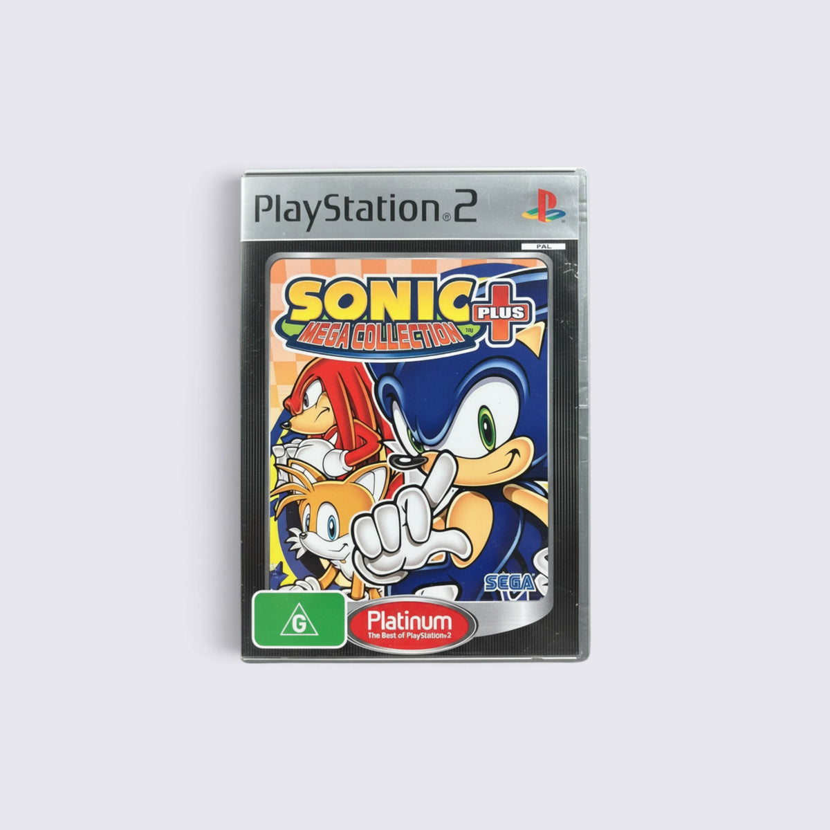 MrPixel Sonic Mega Collection Plus Platinum edition game case for PlayStation 2 featuring Sonic, Tails, and Knuckles.