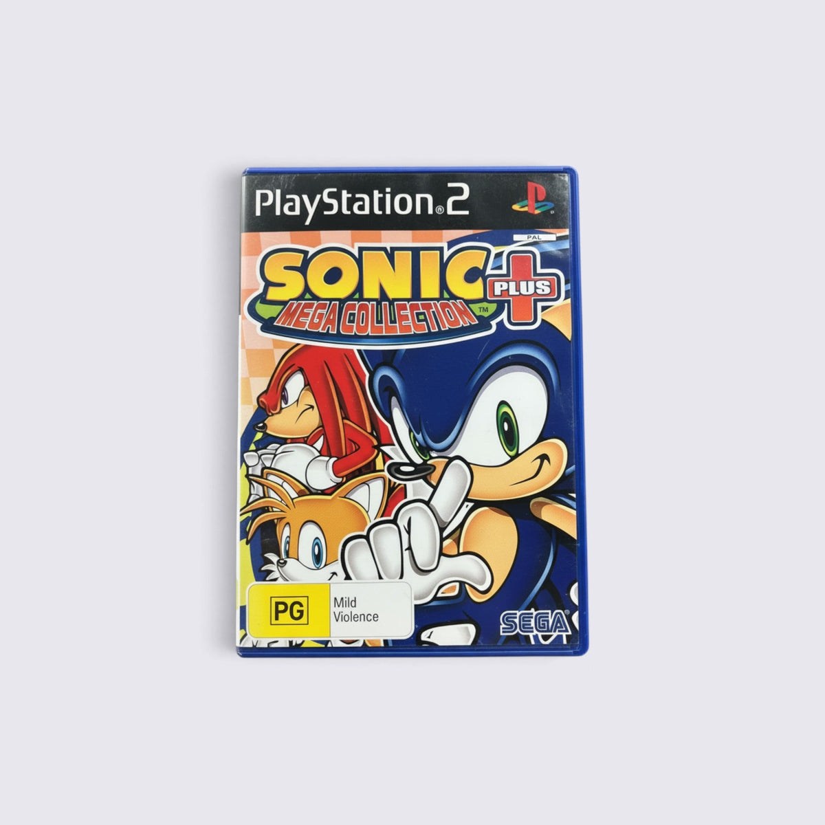 MrPixel Sonic Mega Collection Plus PlayStation 2 game case featuring Sonic, Tails, and Knuckles artwork