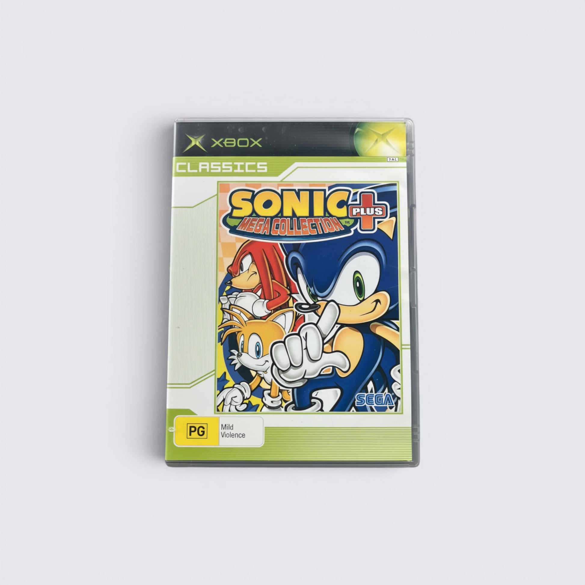 MrPixel Sonic Mega Collection Plus Xbox Classics game case featuring Sonic, Tails, and Knuckles artwork